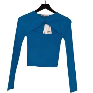 💙 ZARA Blue Ribbed Twist Front Long Sleeve Crop Top NWT Size S 💙